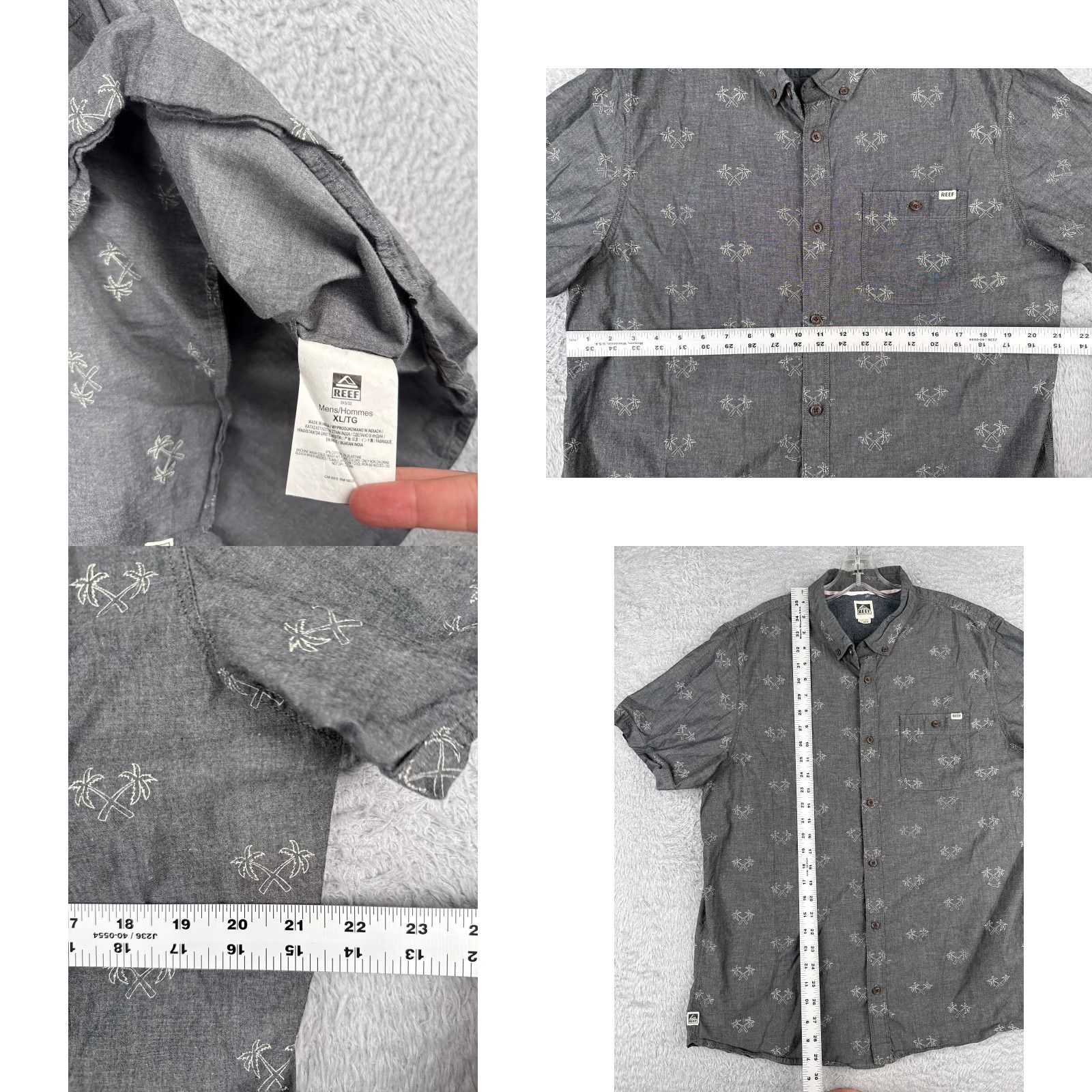 REEF Reef Button-Up Shirt Men XL Gray Palm Trees Hawaiian Aloha Beach Solid Short Sleeve Casual, Travel, Workwear Mens Size US XL / EU 56 / 4 - 8 Thumbnail
