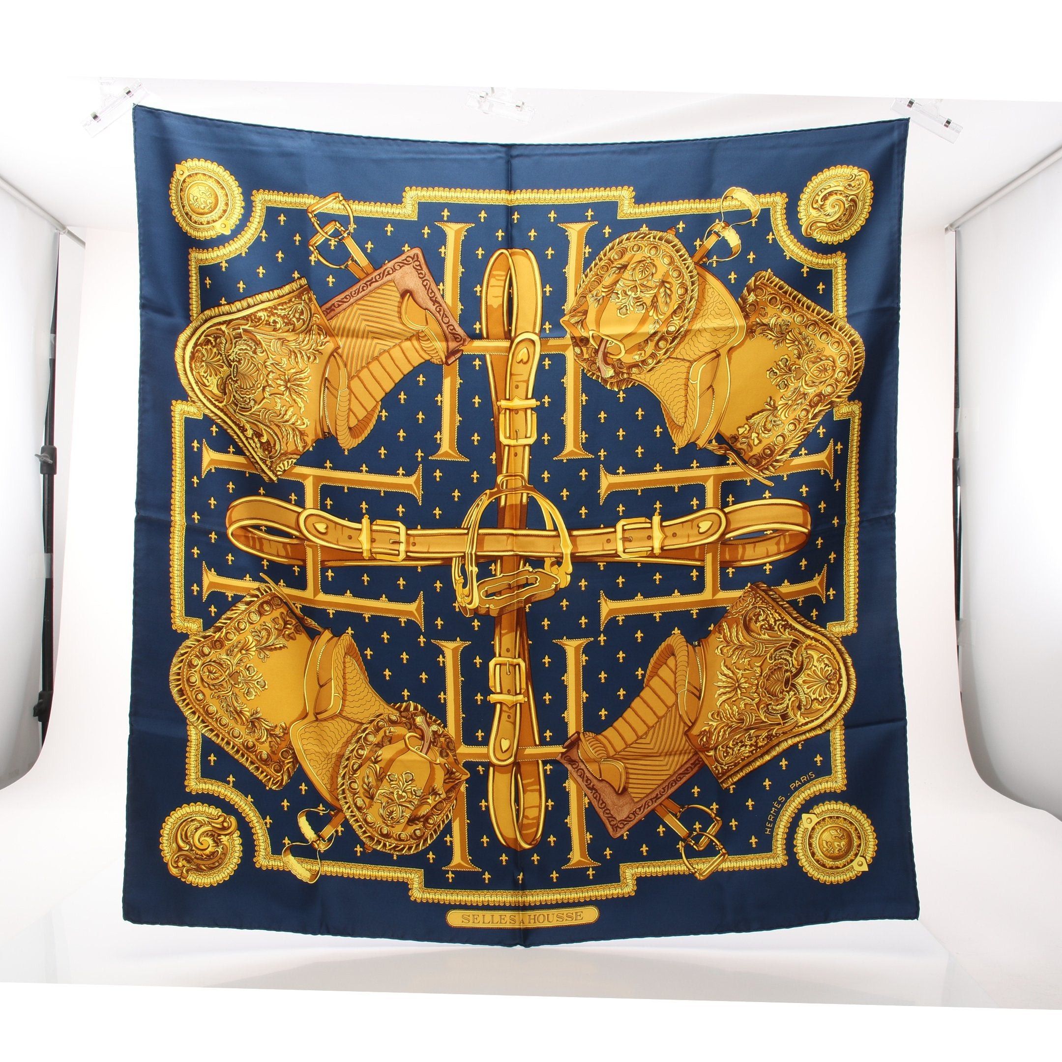 Hermes Carres 90 Selles A Housse Scarf Silk Navy Multicolor
