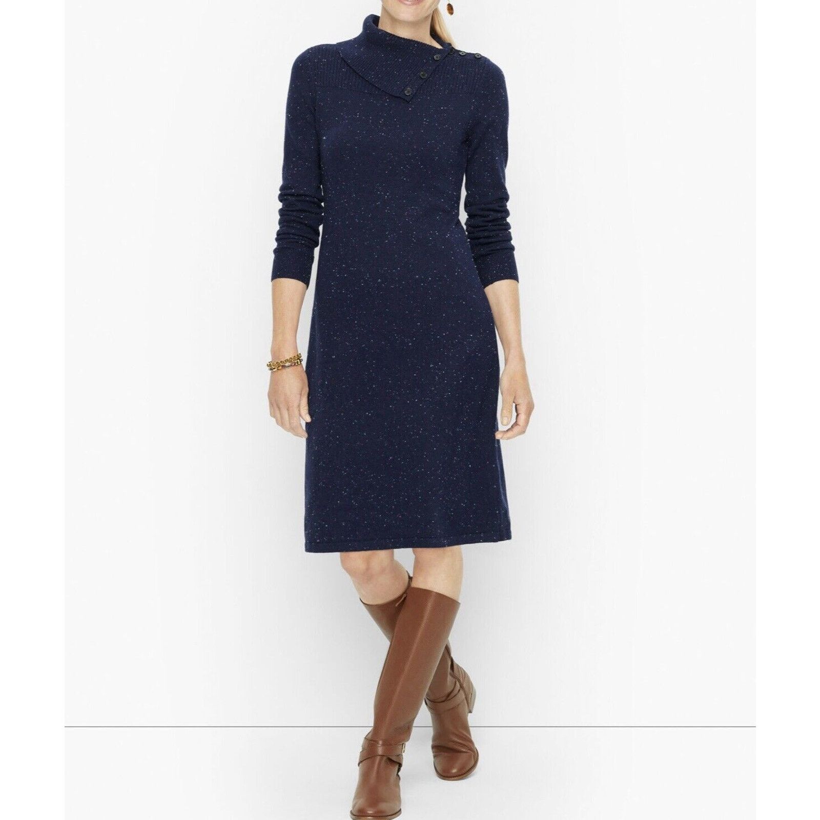 The Unbranded Brand NWT Talbots Knit Split Neck Long Sleeve Midi Sweater Dress Size S / US 4 / IT 40 - 2 Thumbnail