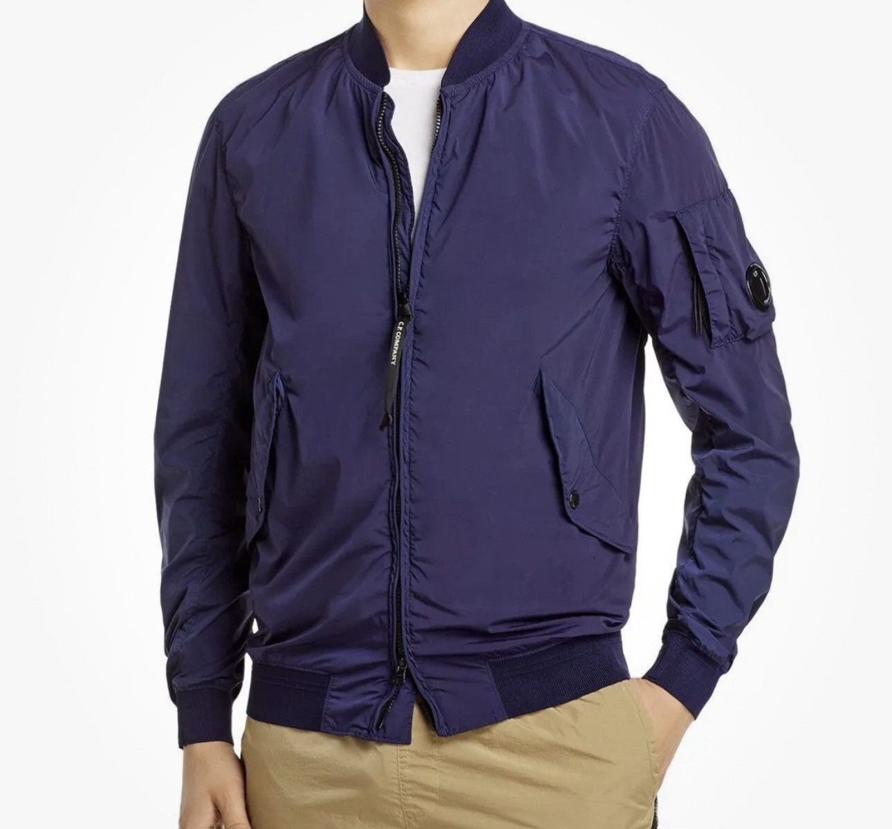 image of C P Company Garment Dyed Lens Bomber Jacket in Blue, Men's (Size Small)