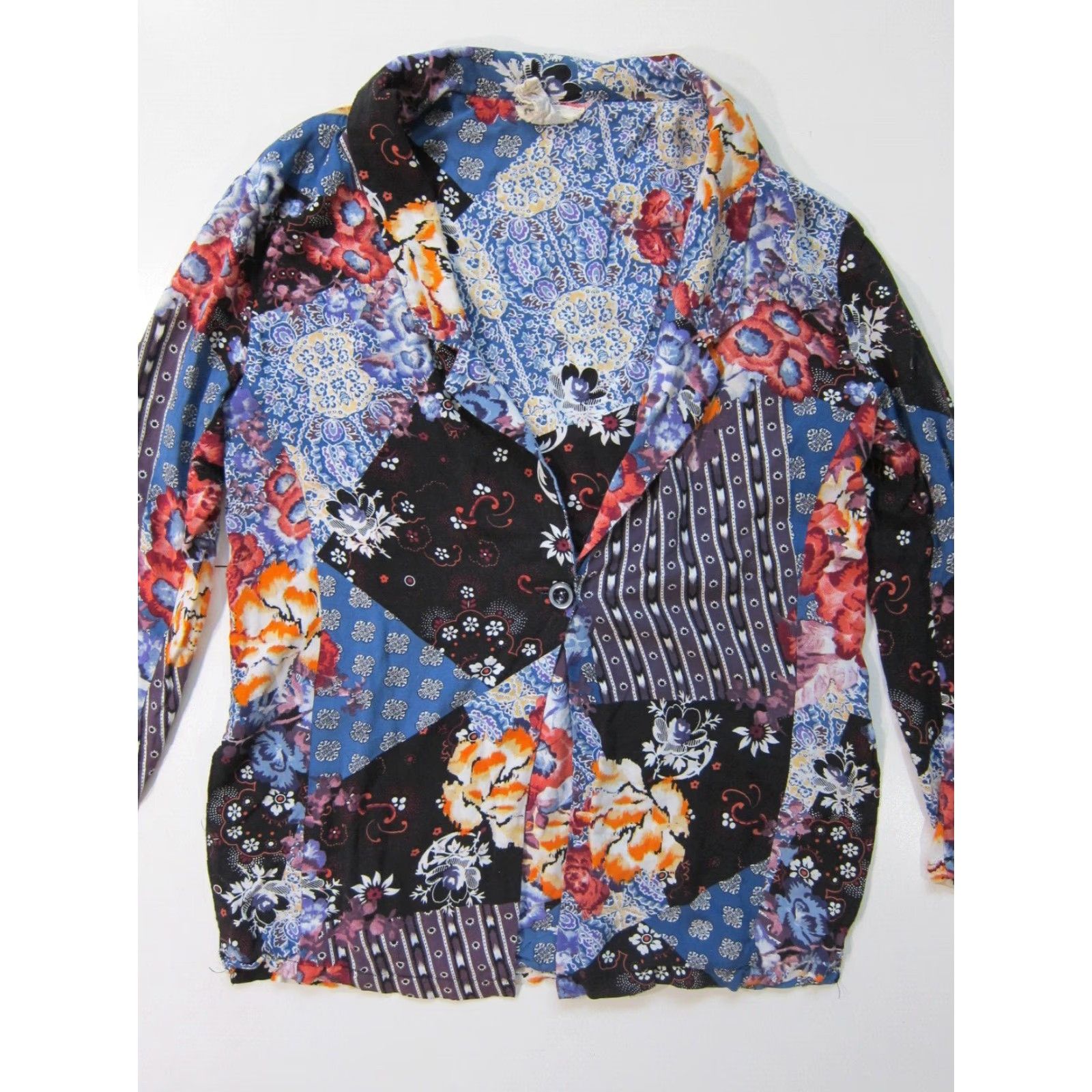 Vintage Jaase Blazer Jacket Women XS Floral Boho 100% Rayon Blue Orange Black Button Blazer, Long Sleeve, Lightweight, Regular Length, 1 Piece, Vintage? No. Size XS / US 0-2 / IT 36-38 - 4 Thumbnail