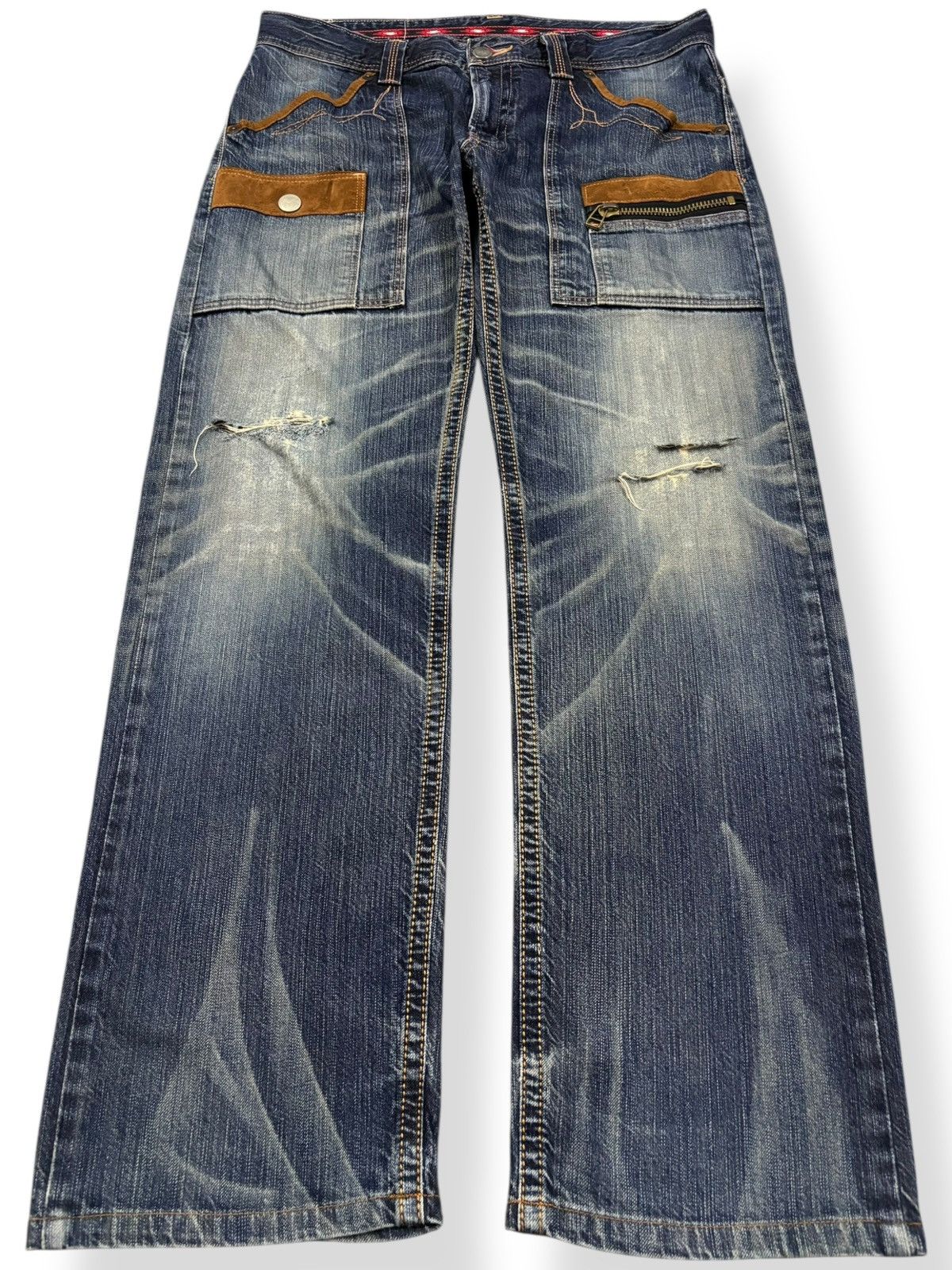 Edwin Vintage Edwin XV Whisker Washed Distressed Denim Bush Pants Size US 35 - 1 Thumbnail