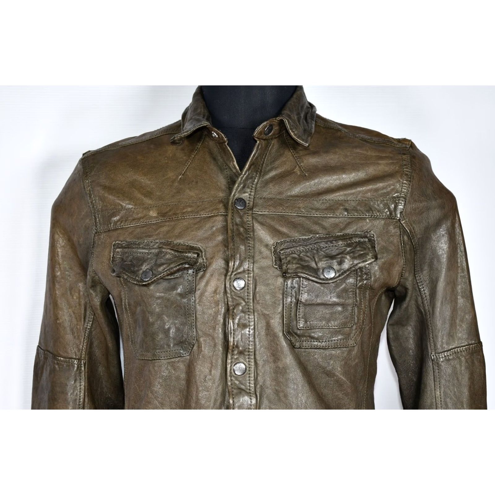 Allsaints All Saints Emery Shirt Jacket Men M Leather Brown/Green Biker Vintage No Size US M / EU 48-50 / 2 - 2 Thumbnail