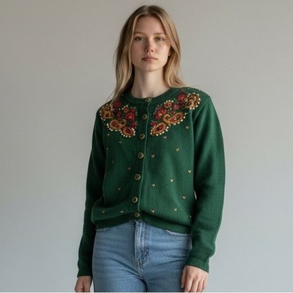 Worthington Vintage Worthington Green Cardigan with Fair Isle Floral Emb Size M / US 6-8 / IT 42-44 - 1 Thumbnail
