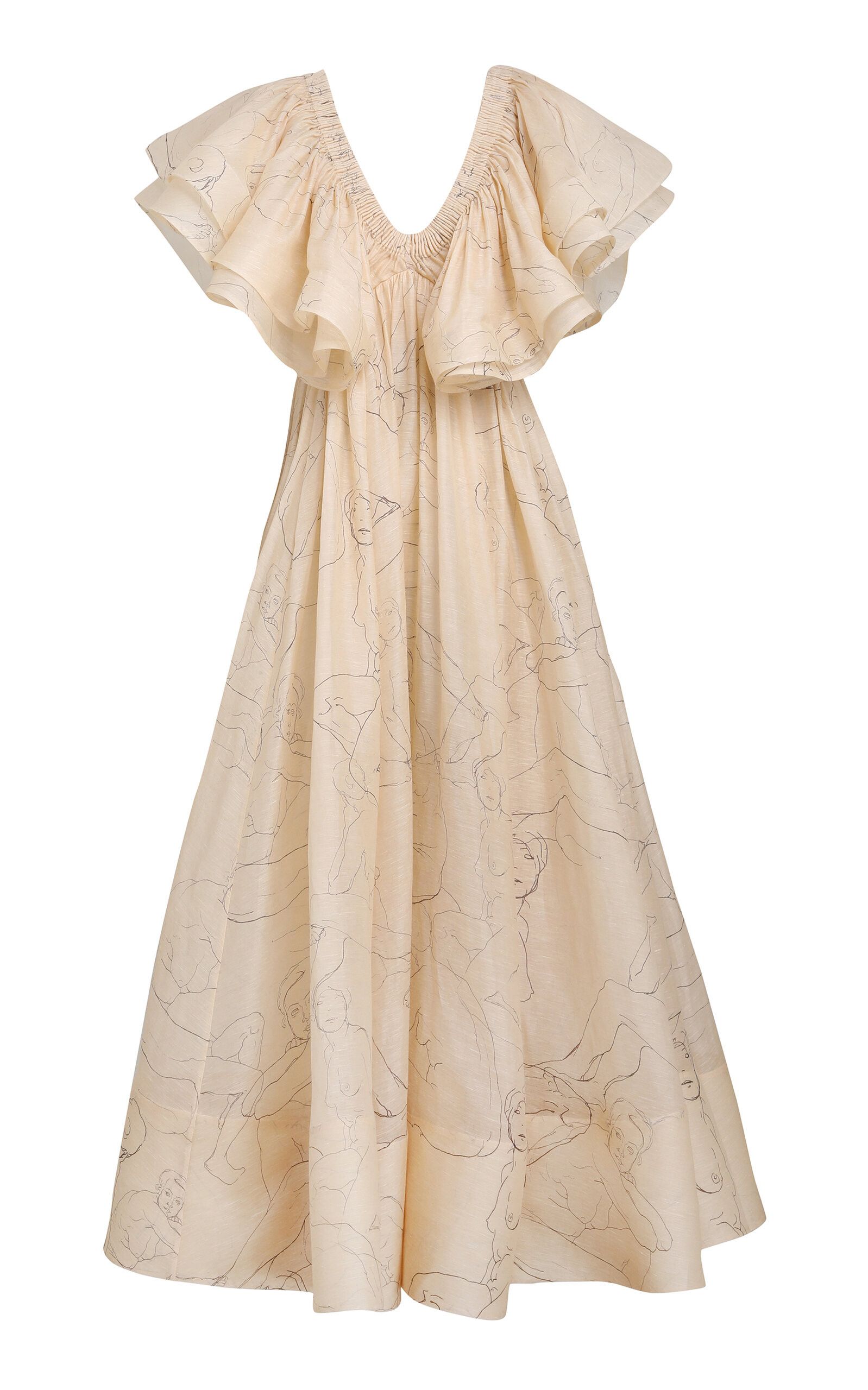 Zimmermann oc11z0225 Ruffled Linen-Silk Gown in Beige Size XL / US 12-14 / IT 48-50 - 1 Thumbnail