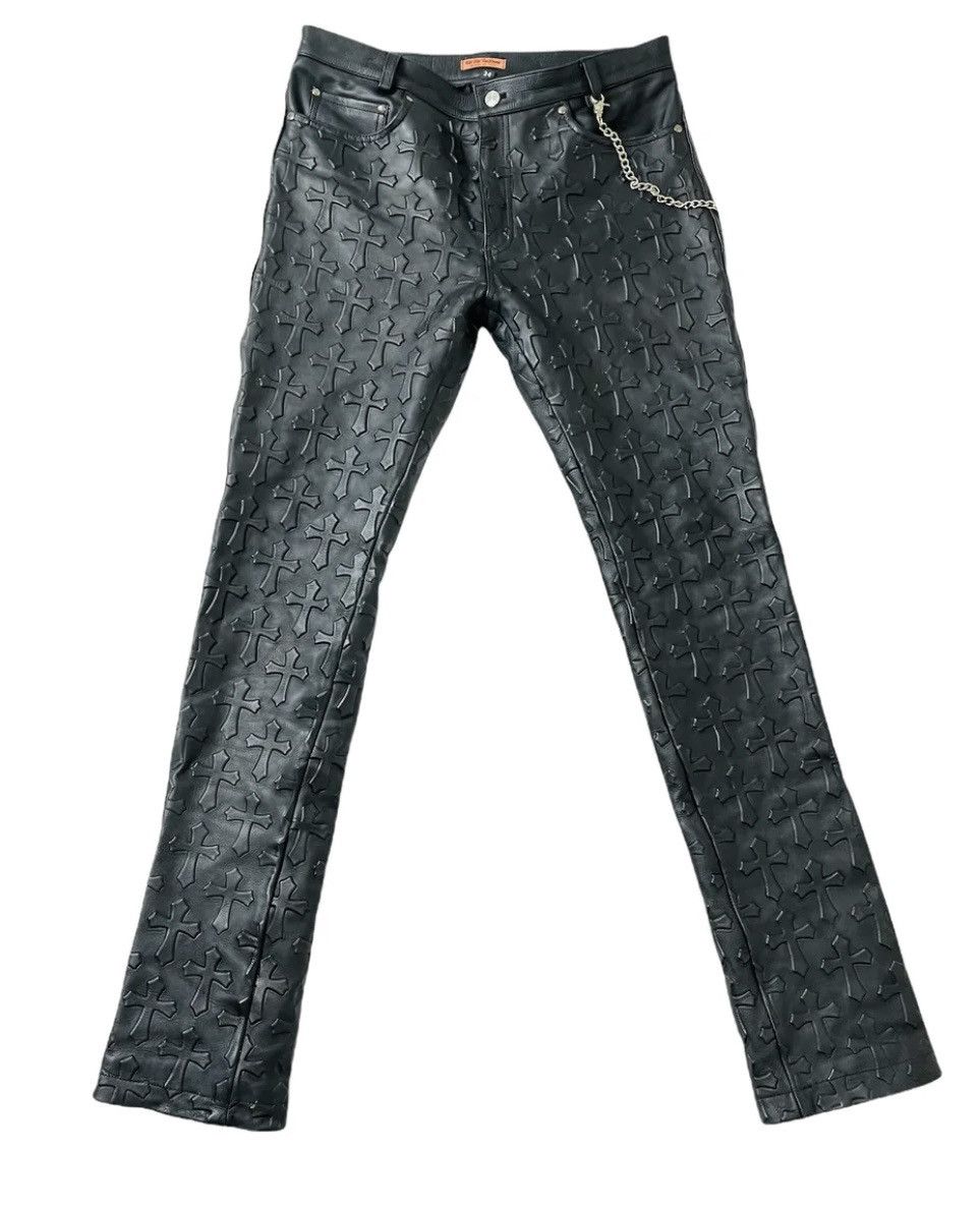 image of Genuine Leather Killbillthebrand Embossed Cross Leather Pants in Black, Men's (Size 32)