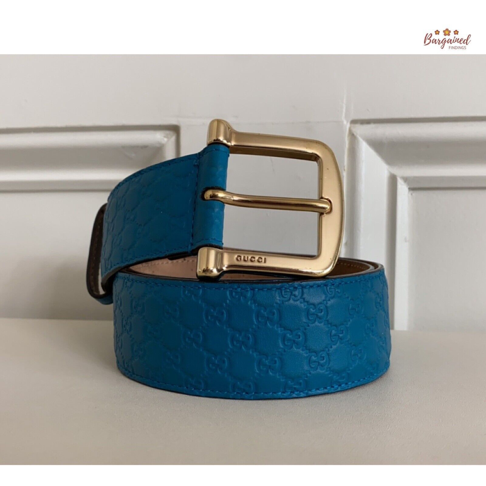 Gucci GUCCI Teal Blue Microguccissima Leather Gold Buckle Belt Size 28 - 1 Thumbnail