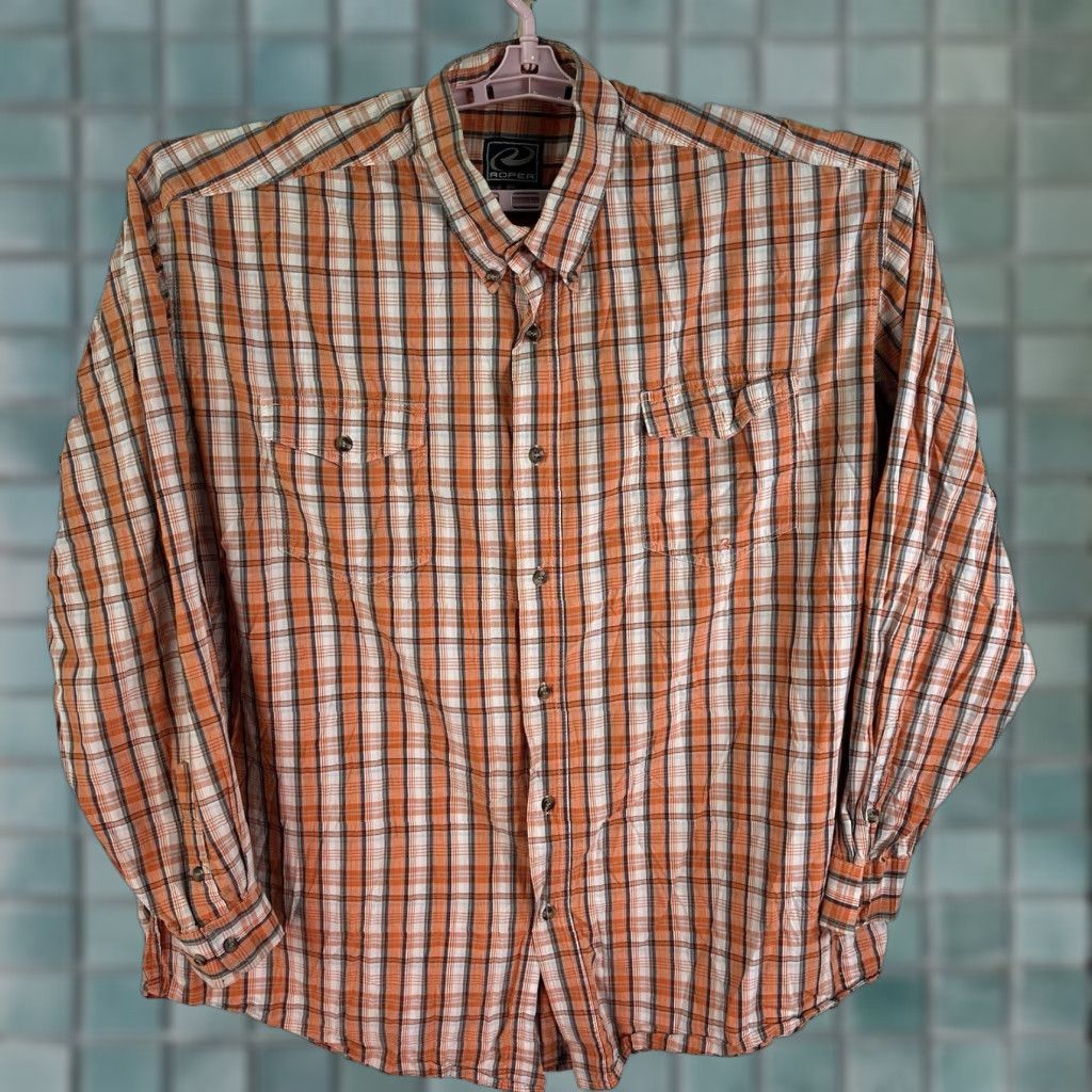 Roper VINTAGE Roper Western Plaid Button-Down Shirt Mens 2XL Long Sleeve Orange Casual Western Theme Size US XXL / EU 58 / 5 - 1 Thumbnail