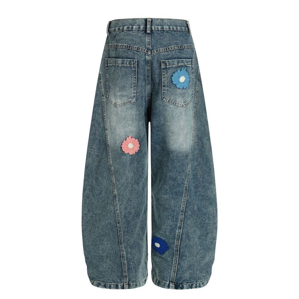 Jean Punk washed distressed floral embroidered scimitar jeans Size US 34 / EU 50 - 2 Thumbnail