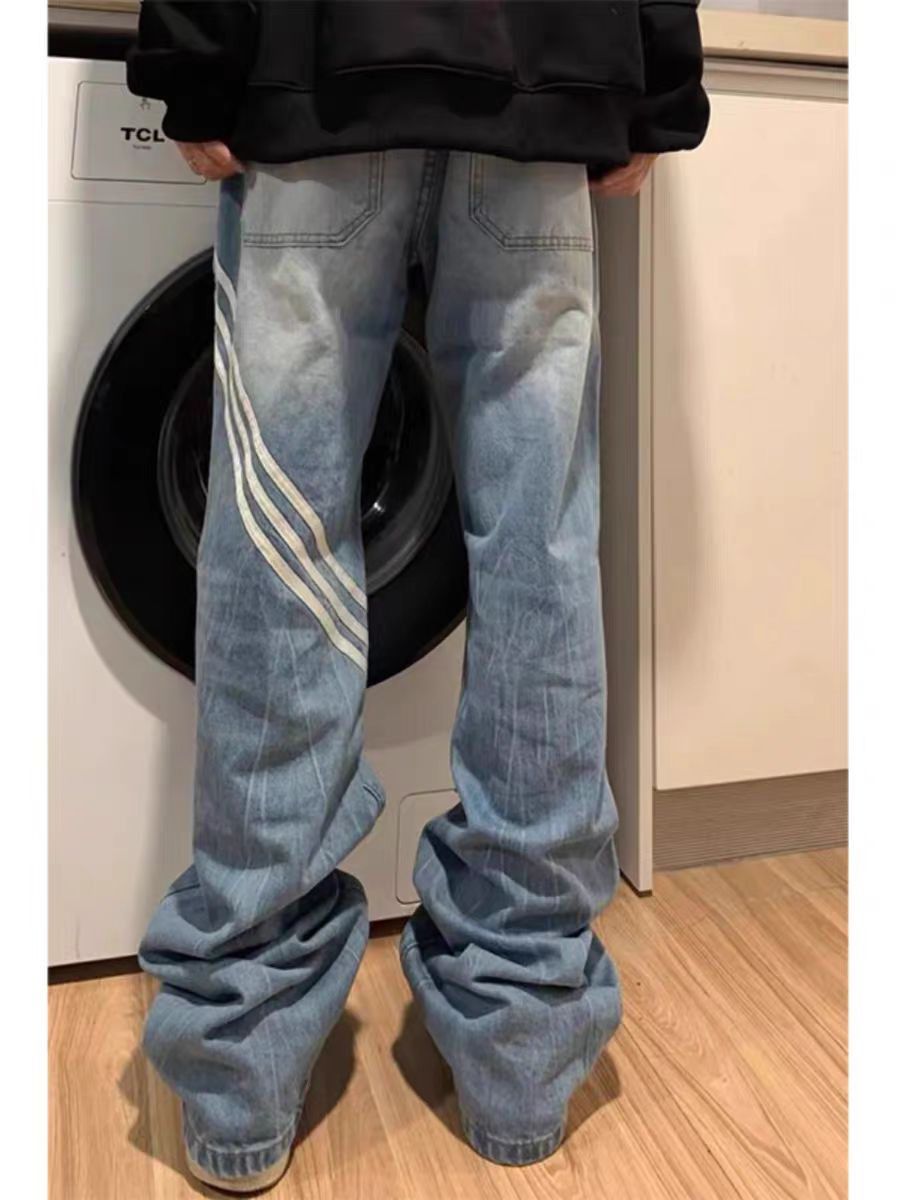 image of Light Blue High Street Striped Loose Fit Vintage Jeans, Men's (Size 32)