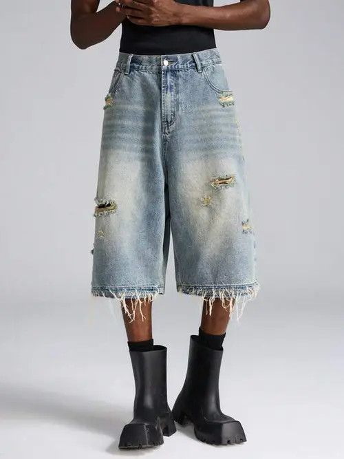Jean Distressed Washed Y2k Shorts Jorts Denim Size US 32 / EU 48 - 1 Thumbnail