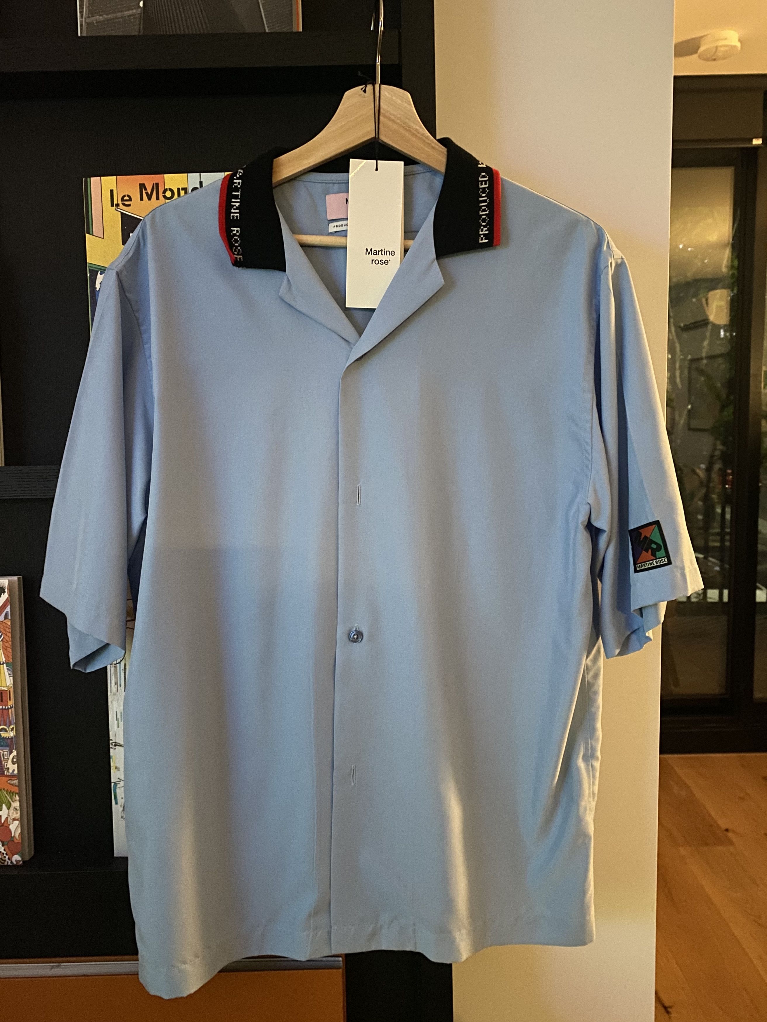 image of Martine Rose Tech Bowling Shirt W/ Logo Rib Collar In Blue, Men's (Size Medium)