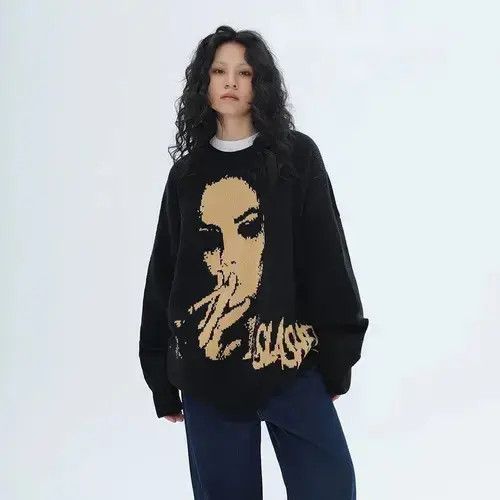 Japanese Brand Knit Black Sweater Vintage High Street Oversize Hip Hop y2k Size US M / EU 48-50 / 2 - 2 Thumbnail