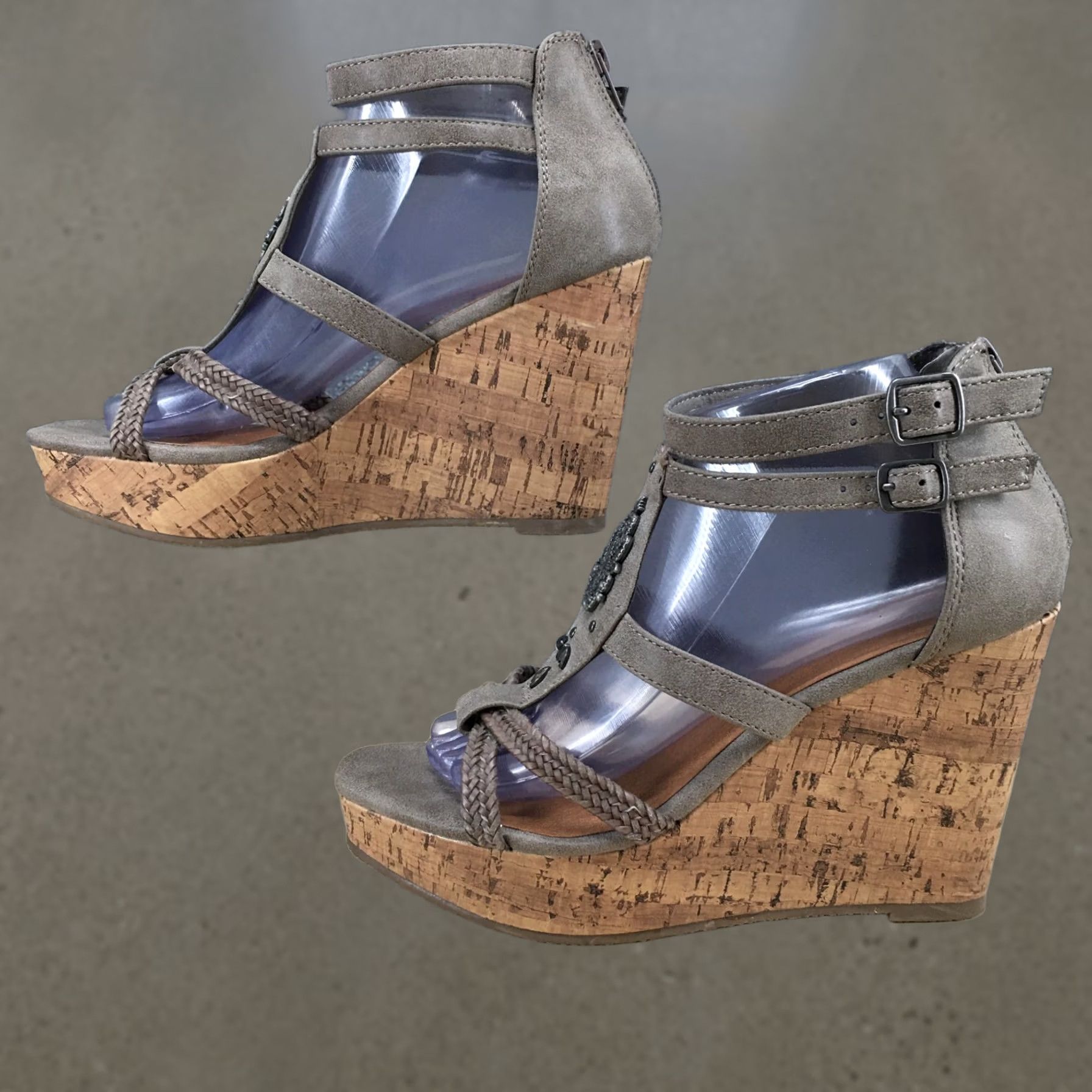 Vintage Maurices Sandal Womens 9M Gray Braided Strappy Open Toe Cork Platform Wedge Size US 9 / IT 39 - 1 Thumbnail