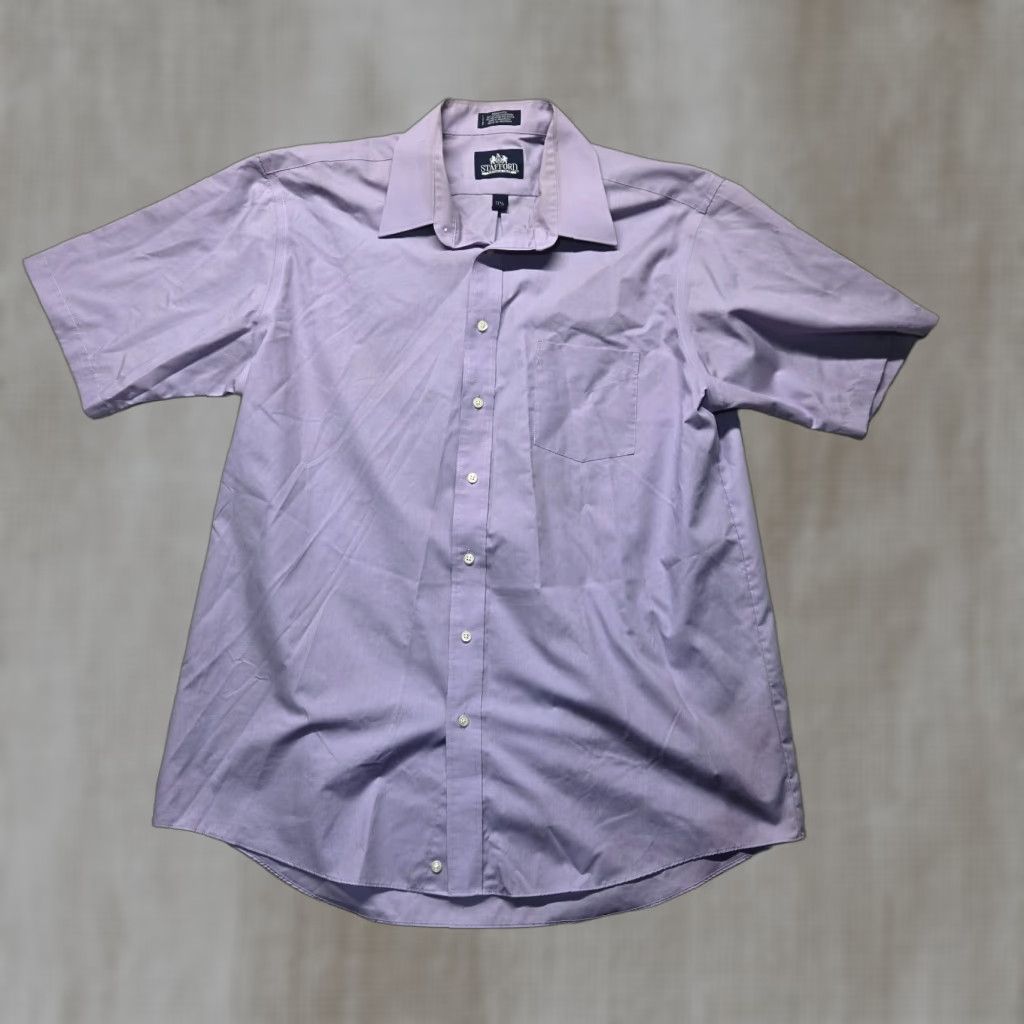 Stafford Stafford Shirt Button-Up Adult Men Purple 17.5 17 1/2 Short Sleeve Solid Cotton Blend Size 17.5 Purple Shirt Men Size US XXL / EU 58 / 5 - 1 Thumbnail
