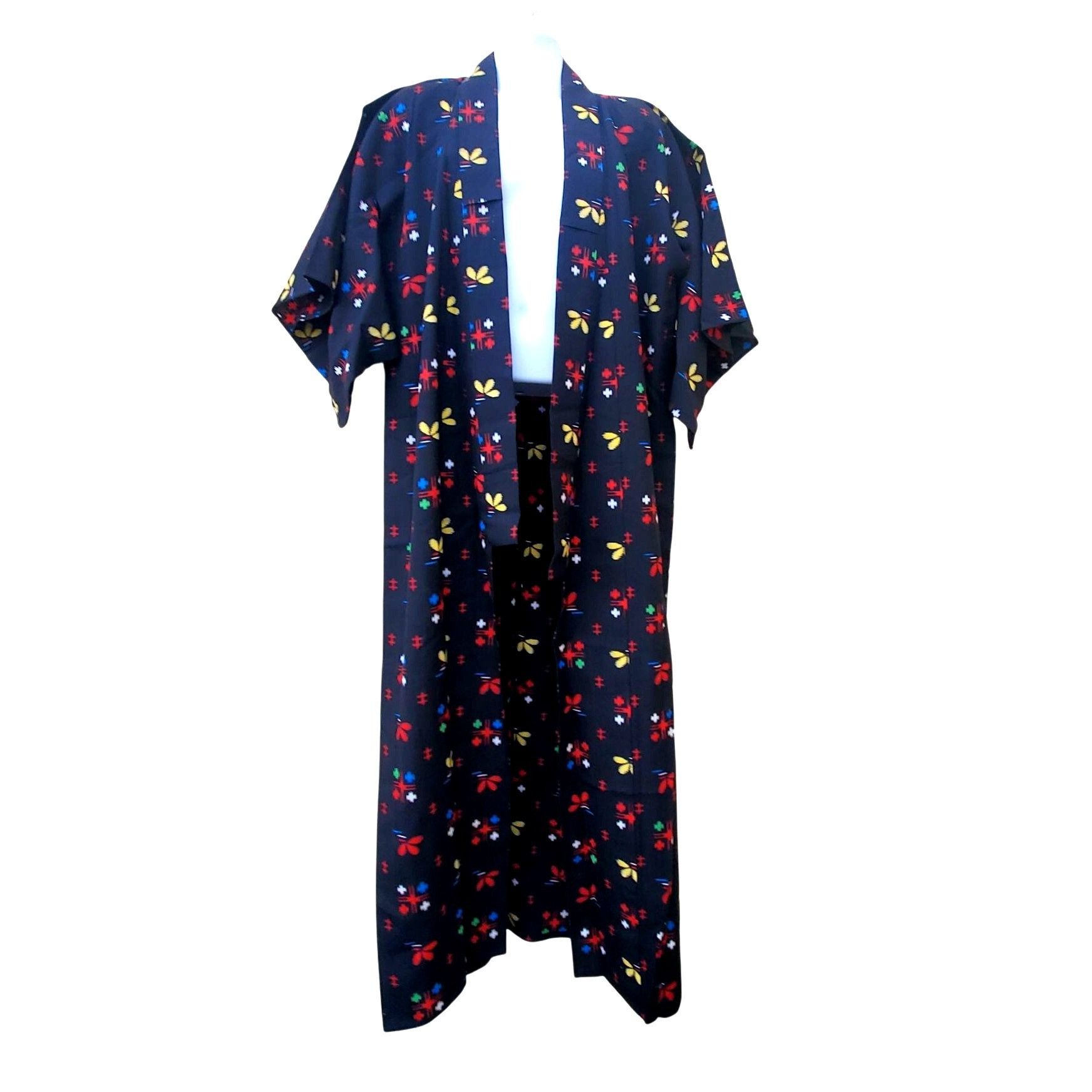 Handmade Vintage Black Kimono Abstract Floral Wool Blend Hand Stitche Size M / US 6-8 / IT 42-44 - 4 Thumbnail