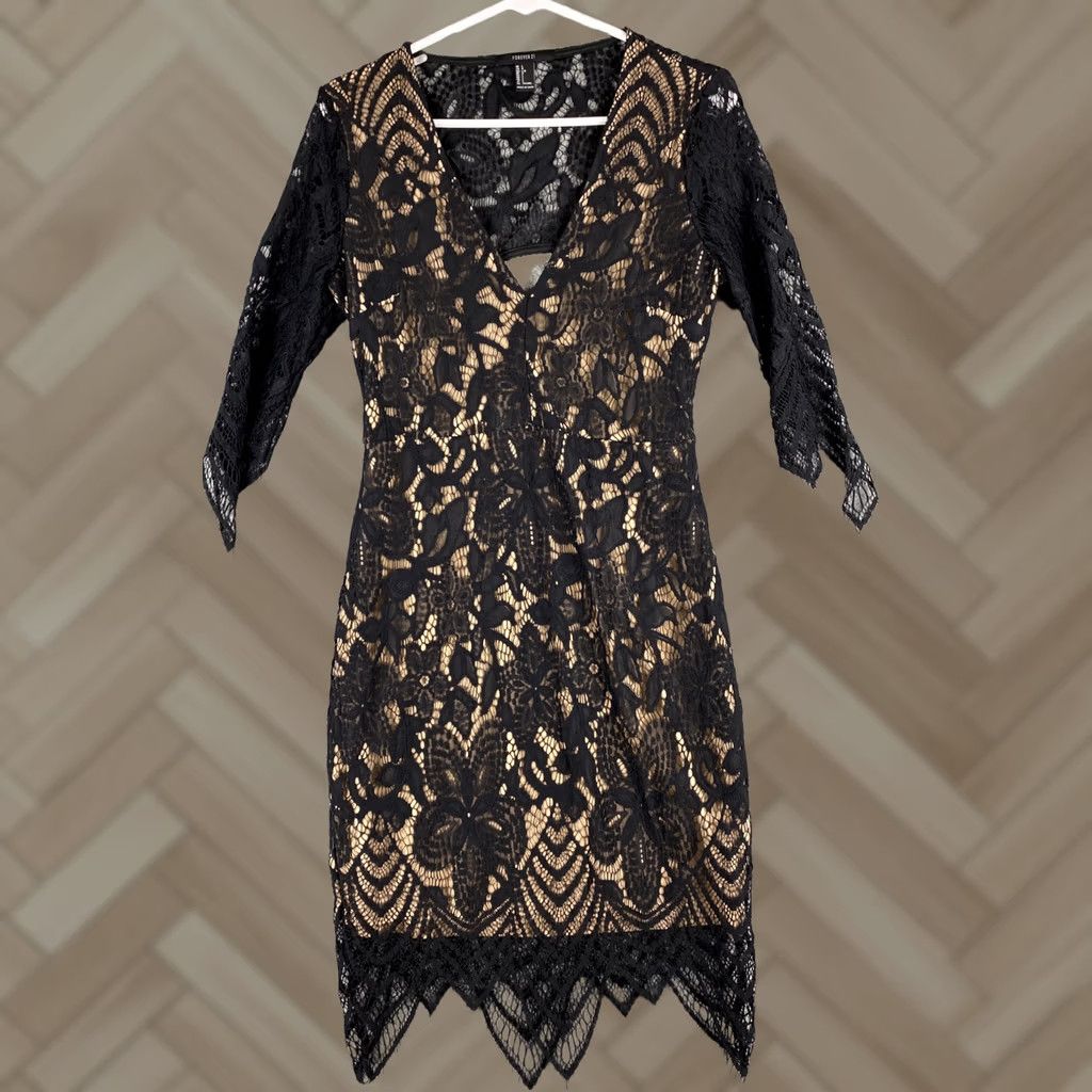 Forever 21 FOREVER 21 Dress Black Knit Sheath Lace Trim 3/4 Sleeve Women’s Large L Knee Length V-Neck Pullover Casual Knit Machine Washable Black Womens Size L / US 10 / IT 46 - 1 Thumbnail