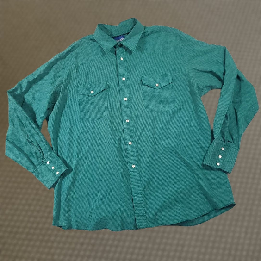 Wrangler VINTAGE Wrangler Wrancher Pearl Snap Western Shirt Mens 1XB Big Man Green Check Size US XL / EU 56 / 4 - 1 Thumbnail