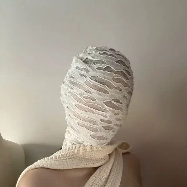 Japanese Brand Fumina x Mami White Trendy Design Ripped Hat Mask Balaclava Size ONE SIZE - 7 Thumbnail