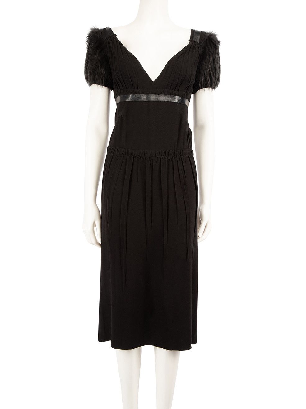 image of Prada Black Fox-Fur Shoulder Trim Midi Dress, Women's (Size Medium)