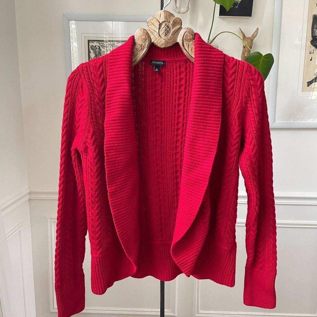 Other Talbots Garnet Red Cable Knit Open Front Cardigan Sweater M Size M / US 6-8 / IT 42-44 - 1 Thumbnail