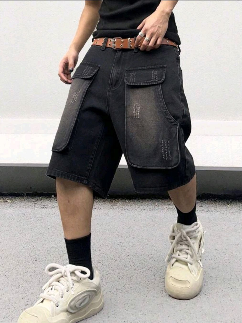 Japanese Brand × Jean Black Washed Distressed Jorts Big Pockets Shorts Size US 30 / EU 46 - 1 Thumbnail