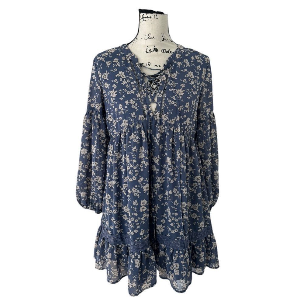Forever 21 Forever 21 SZ S blue floral long sleeve flowy dress Size S / US 4 / IT 40 - 3 Thumbnail