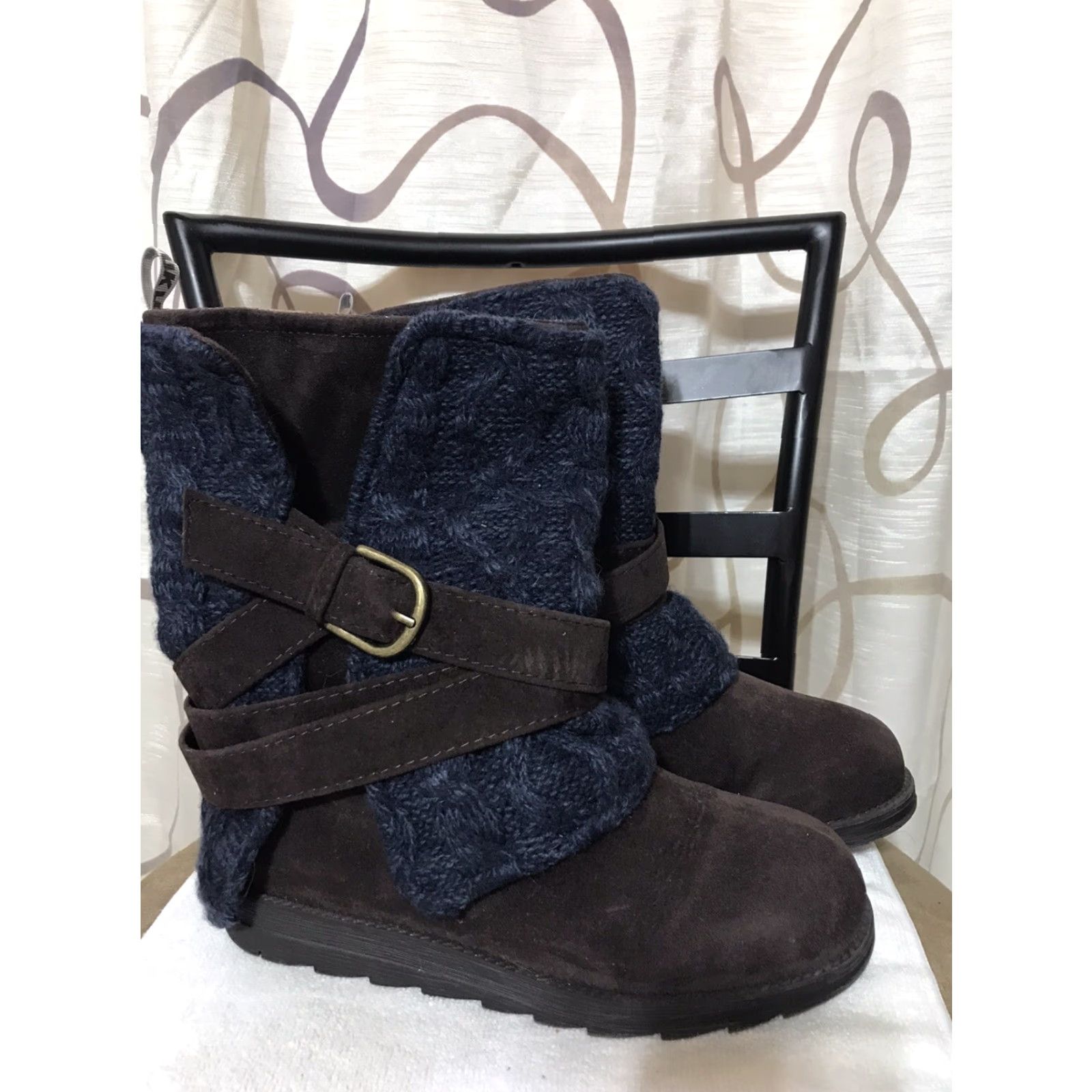 Vintage VINTAGE? No — skip. Final title: Muk Luks Boots Sweater Suede Wool Blend Booties Women Size 7 Chocolate Brown/Blue Mid-Calf Lined Comfort Size M / US 6-8 / IT 42-44 - 3 Thumbnail