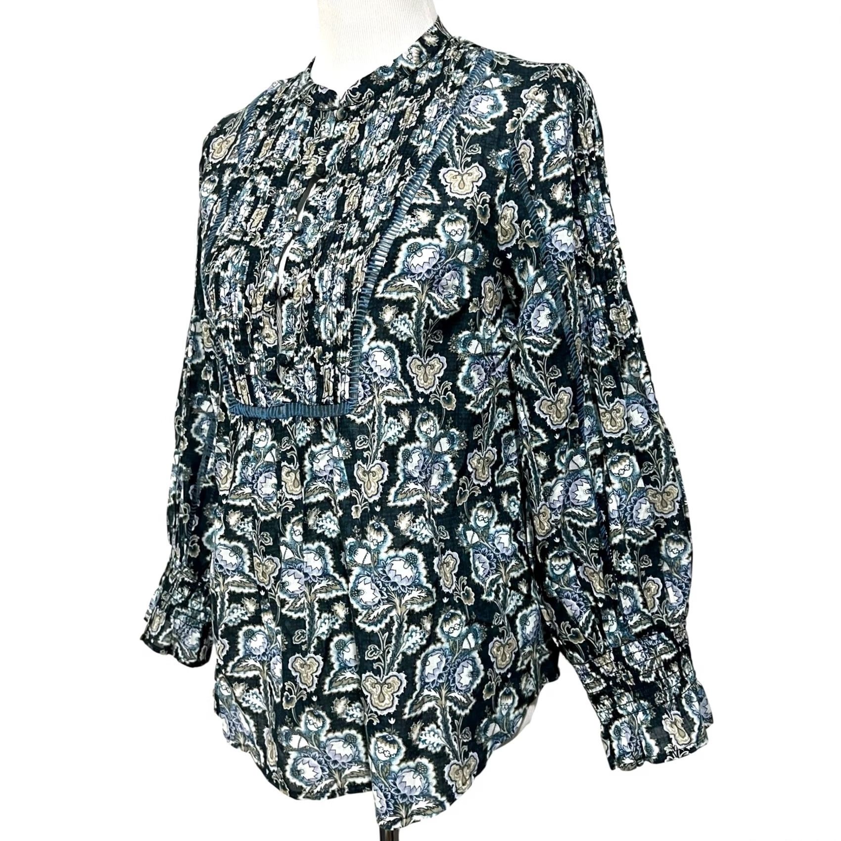 Anthropologie By Anthropologie Henley Peasant Blouse Blue Floral Popover 100% Cotton Womens S Size S / US 4 / IT 40 - 7 Thumbnail