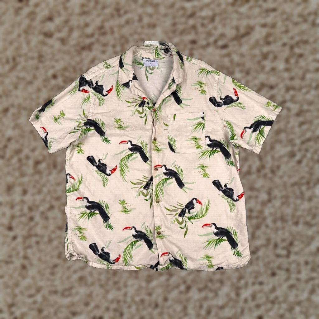 Old Navy Old Navy Shirt XL Mens Ivory Floral Hawaiian Button-Up Short Sleeve Cotton Rayon Breathable Pockets Collared Mens Size US XL / EU 56 / 4 - 1 Thumbnail
