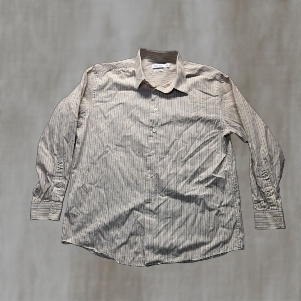 Calvin Klein Calvin Klein CK Slim Fit Button-Up Long Sleeve Dress Shirt Adult Men's Size 17.5 Beige Cotton Buttons-Down Slimming Shirt Mens Size 46R - 1 Thumbnail