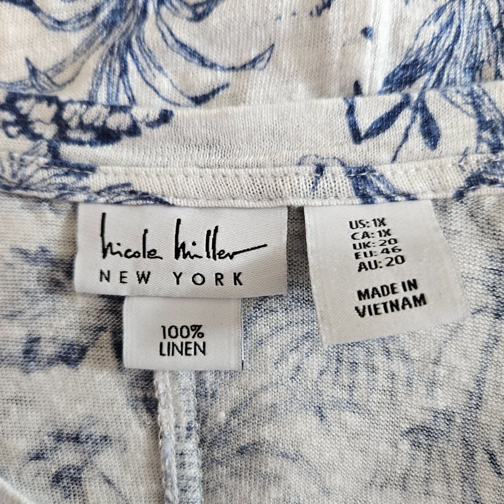 Nicole Miller Nicole Miller Womens Blouse 1X Linen Top 3/4 Sleeve Multicolor Tree Print Blue White Shirt Womens Size XL / US 12-14 / IT 48-50 - 4 Thumbnail