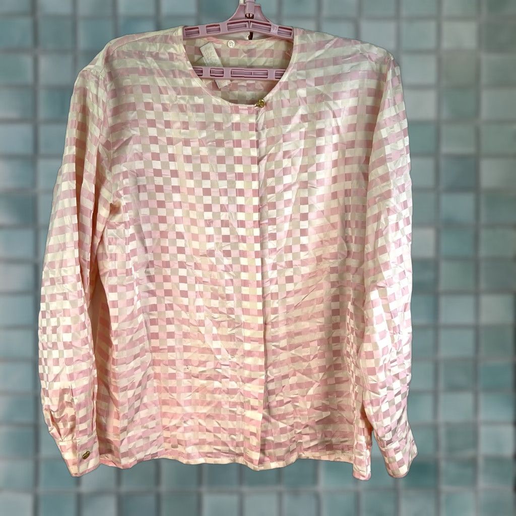 VTG ESCADA 100% Silk Checked Button Up Blouse Womens SZ 38 Pink L Sleeve Italy