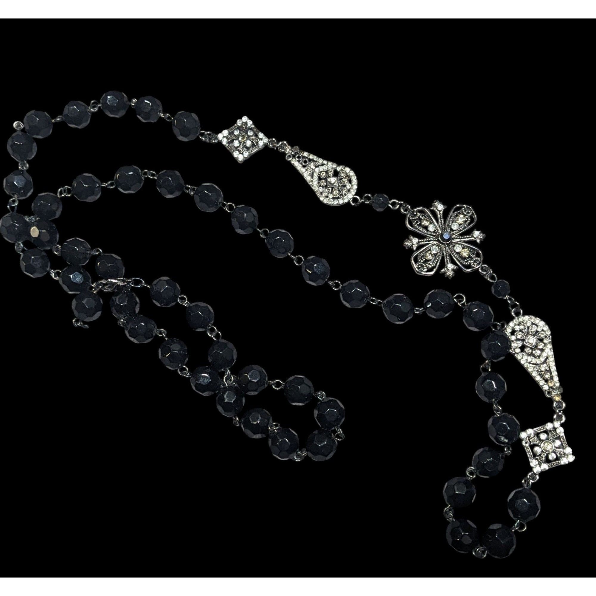 Other Glam Goth Floral Rhinestone Accented Black Beaded Opera Neck Size ONE SIZE - 1 Thumbnail
