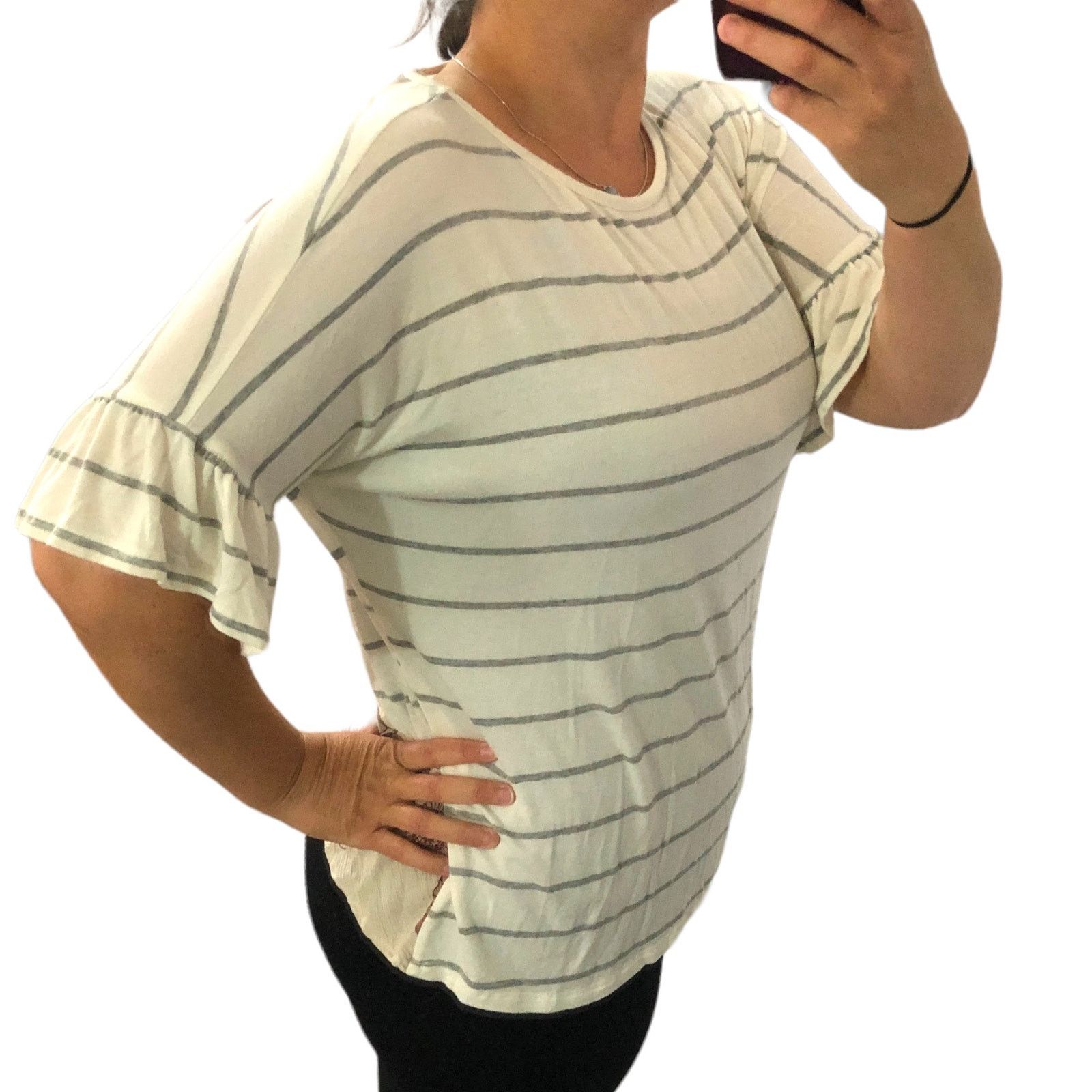 Other Stripe Floral Open Cross Back Mixed Material Bell Sleeve Top Size M / US 6-8 / IT 42-44 - 4 Thumbnail