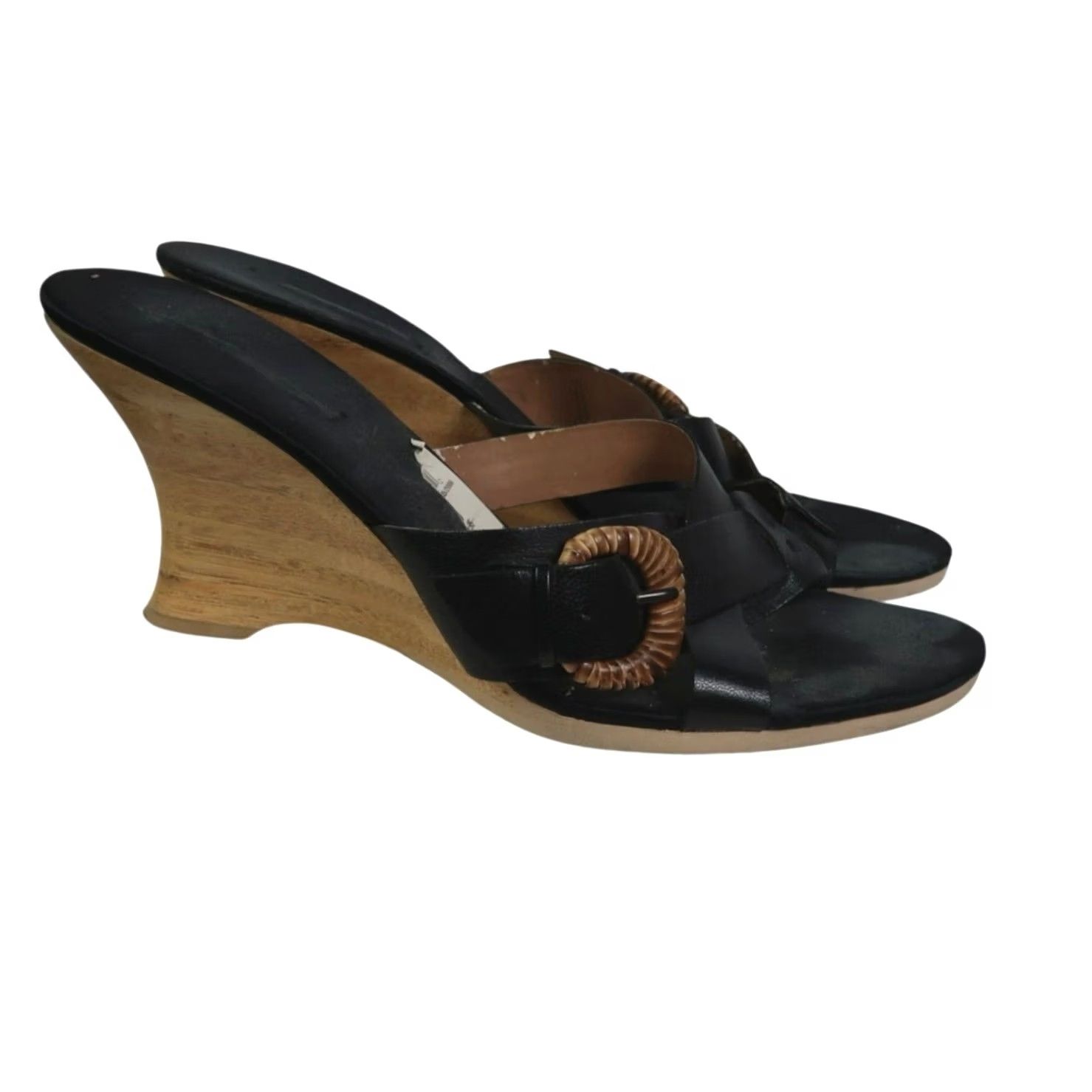 Vintage VINTAGE Black Leather Wedge Sandals Mule Heels 3.5" 10 Women Slip-On Casual Party/Cocktail Spring Summer Mens? Size US 10 / IT 40 - 2 Thumbnail