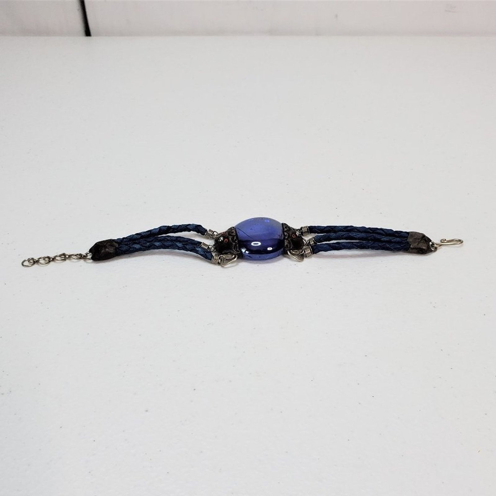 Vintage Handcrafted Cabochon Glass Leather Triple Braid Bracelet Size ONE SIZE - 3 Thumbnail