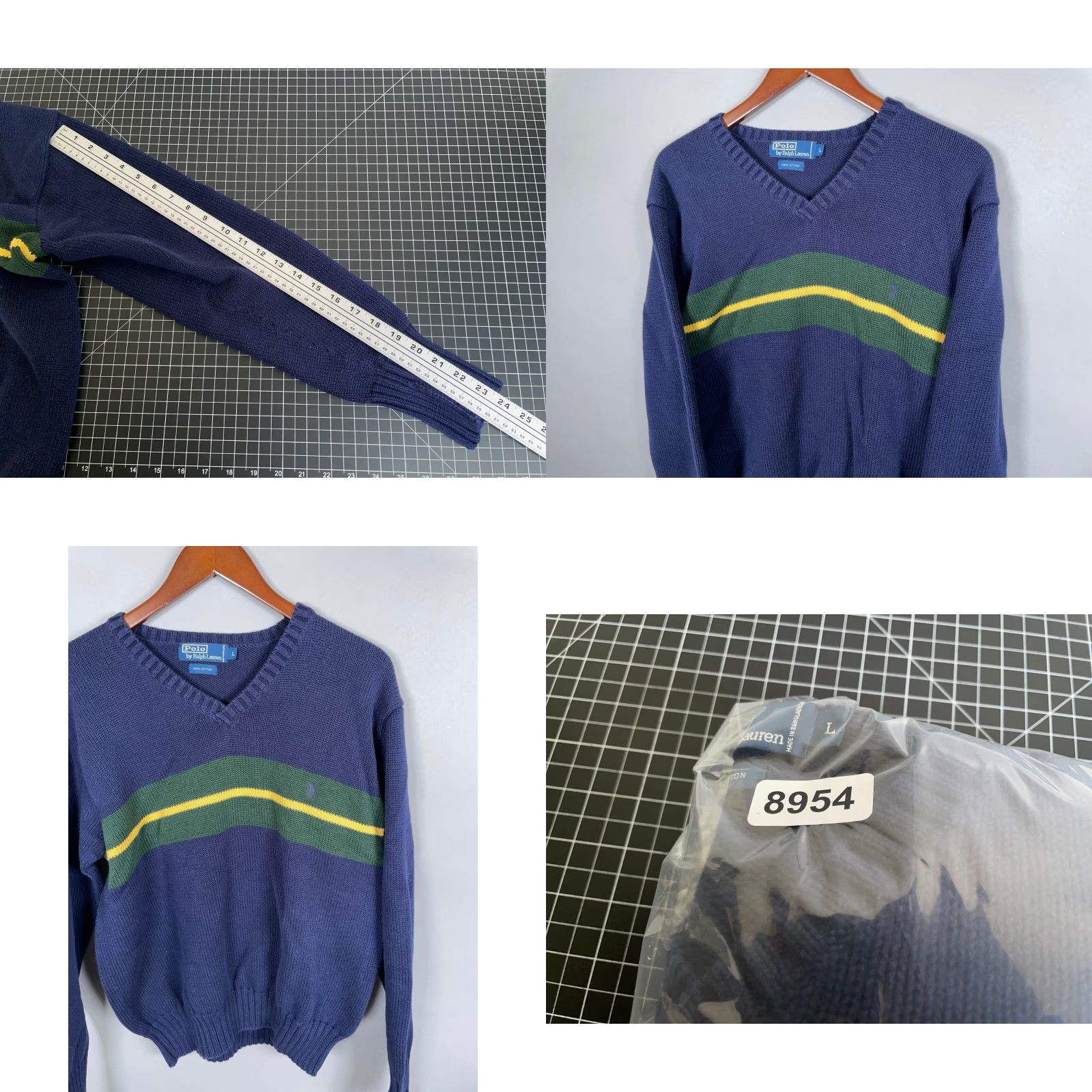 Polo Ralph Lauren POLO RALPH LAUREN Cotton Chunky-Knit V-Neck Sweater Adult Large Blue Green Stripe Casual Mens Size US L / EU 52-54 / 3 - 8 Thumbnail