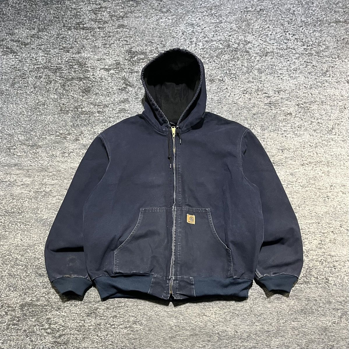 VINTAGE CARHARTT NAVY BLUE FADED JACKET HOODED WORKWEAR XL
