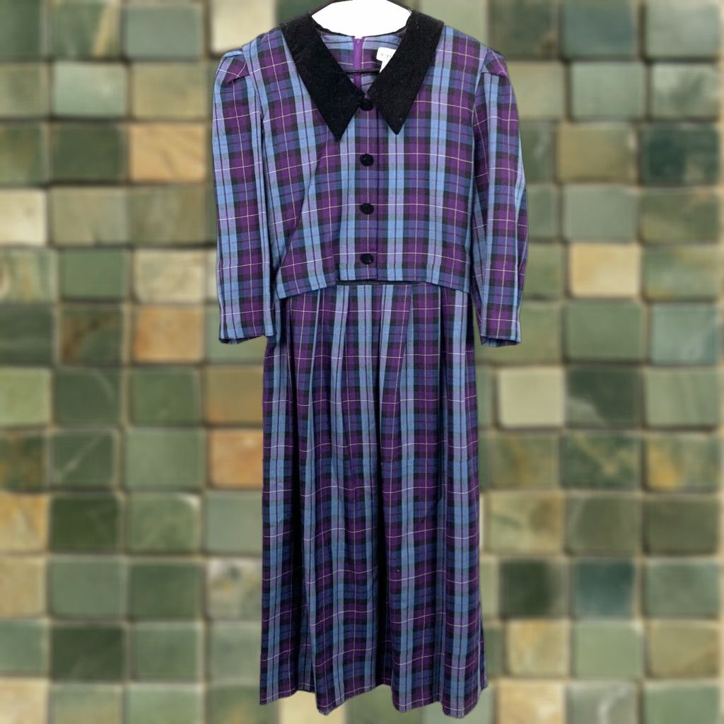Vintage VINTAGE Miss Dorby Plaid Purple Collared Modest Long Sleeve Dress 10 80s Prairie 65% Polyester 35% Rayon Womens Size L / US 10 / IT 46 - 1 Thumbnail