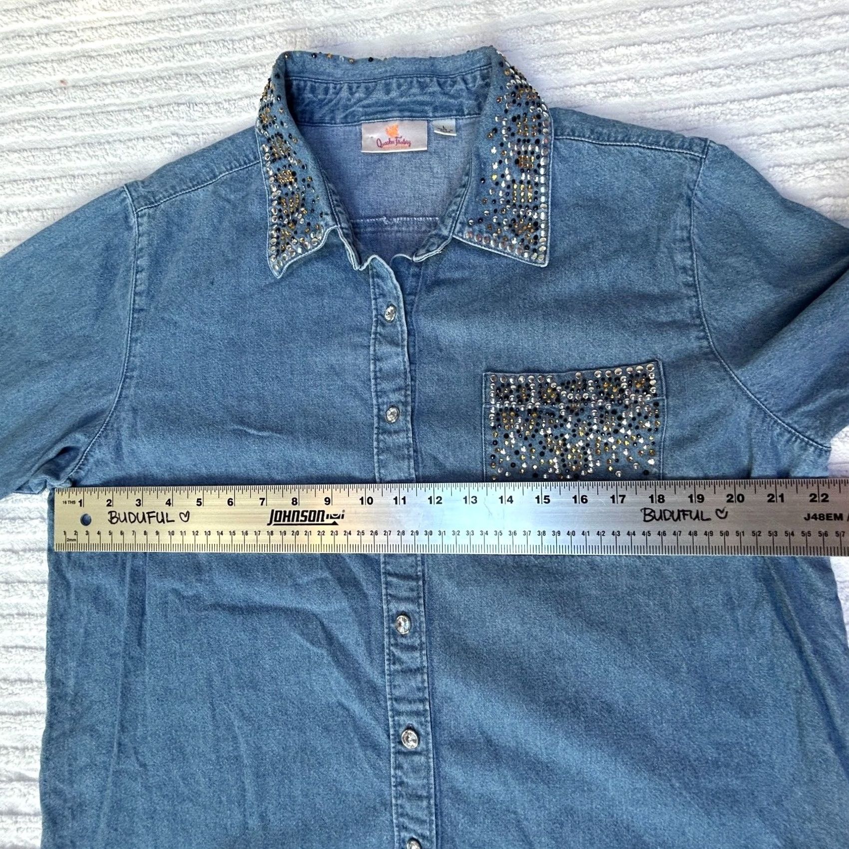 Quacker Factory Quacker Factory Shirt Large Embellished Rhinestone Button Front Denim Tunic Top Shirt Size L / US 10 / IT 46 - 4 Thumbnail