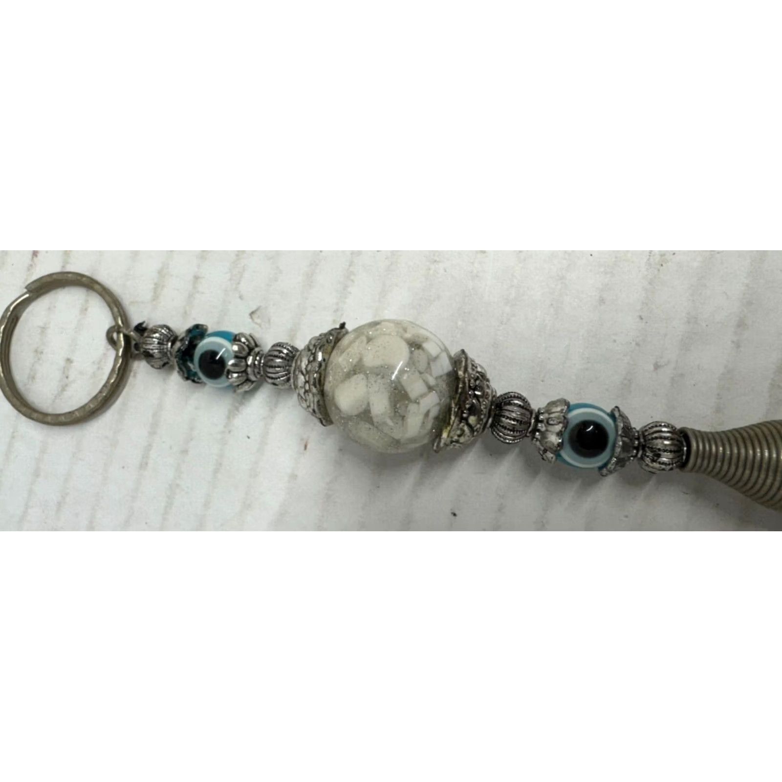 Vintage New Key Chain Metal Ring Pearl Beads Tassel Feather eye balls silver stone New Size ONE SIZE - 2 Thumbnail