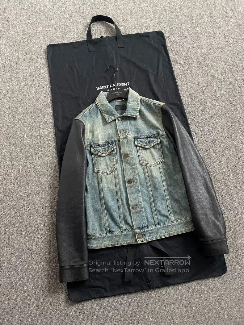 Saint Laurent Paris Leather Sleeve Denim Jacket