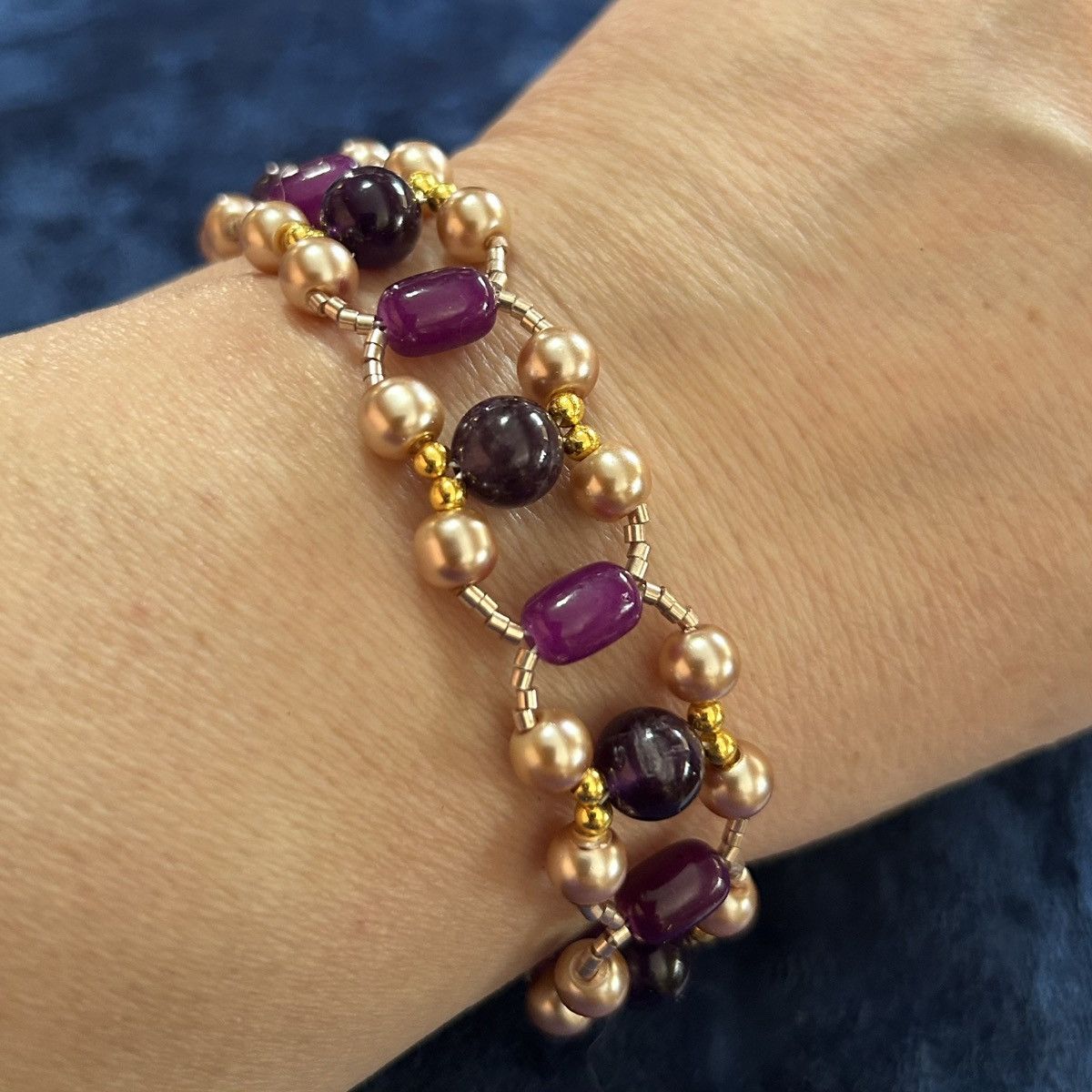 Handmade Handcrafted light champagne Czech glass pearl bracelet Size ONE SIZE - 1 Thumbnail