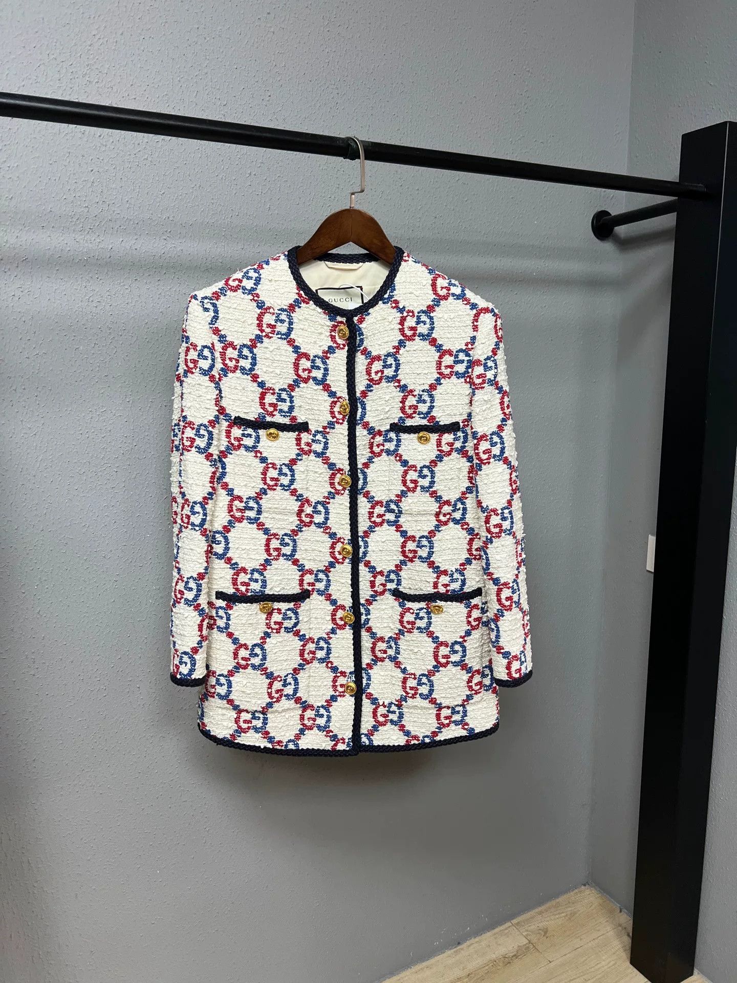 gucci white patterned wool cardigan coat