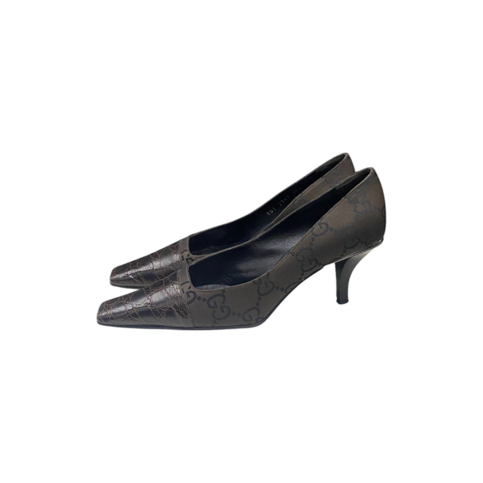 Gucci Embossed Croc Leather Brown Heels Size US 5.5 / IT 35.5 - 3 Thumbnail