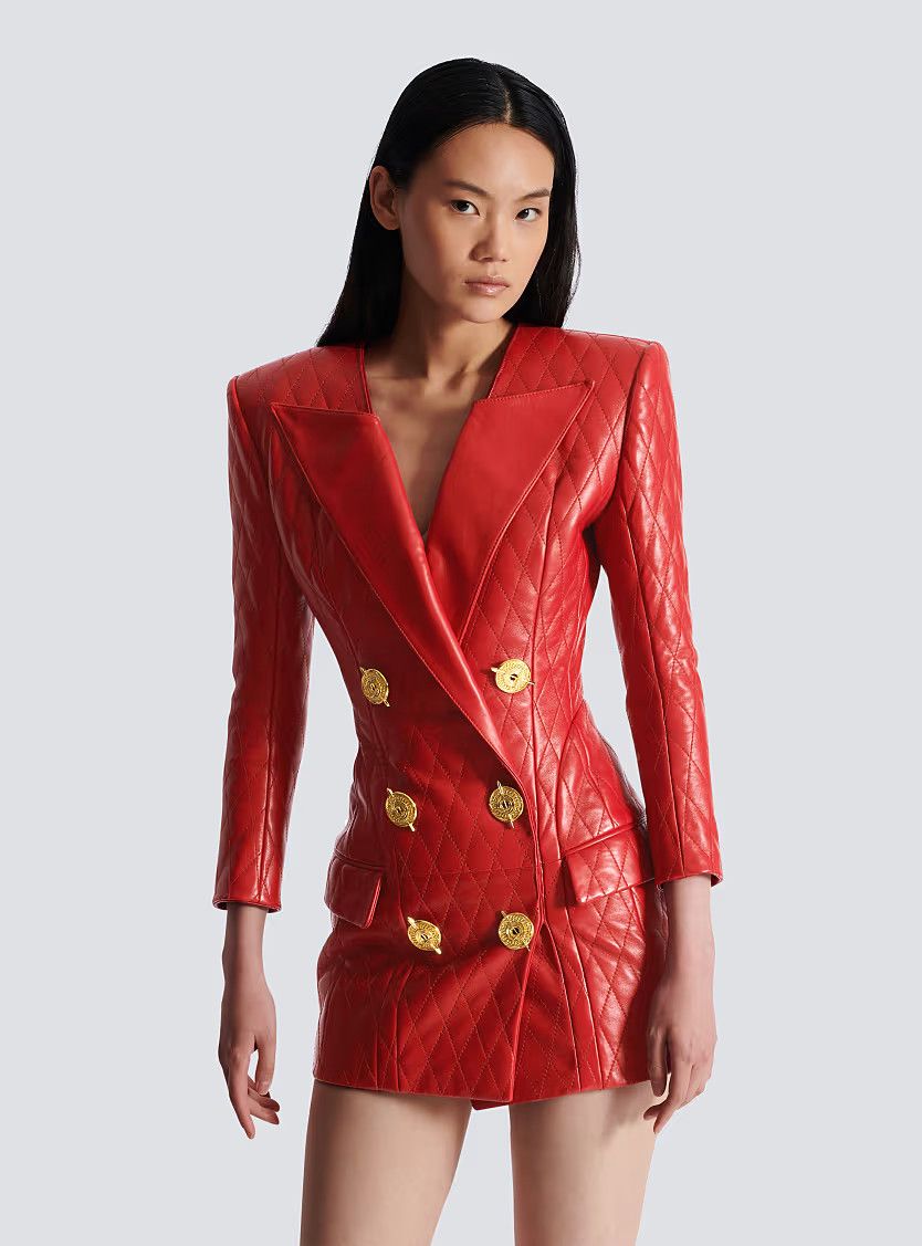 Balmain o1s1wg111225 Short Quilted Leather Dress in Red Size XL / US 12-14 / IT 48-50 - 5 Thumbnail
