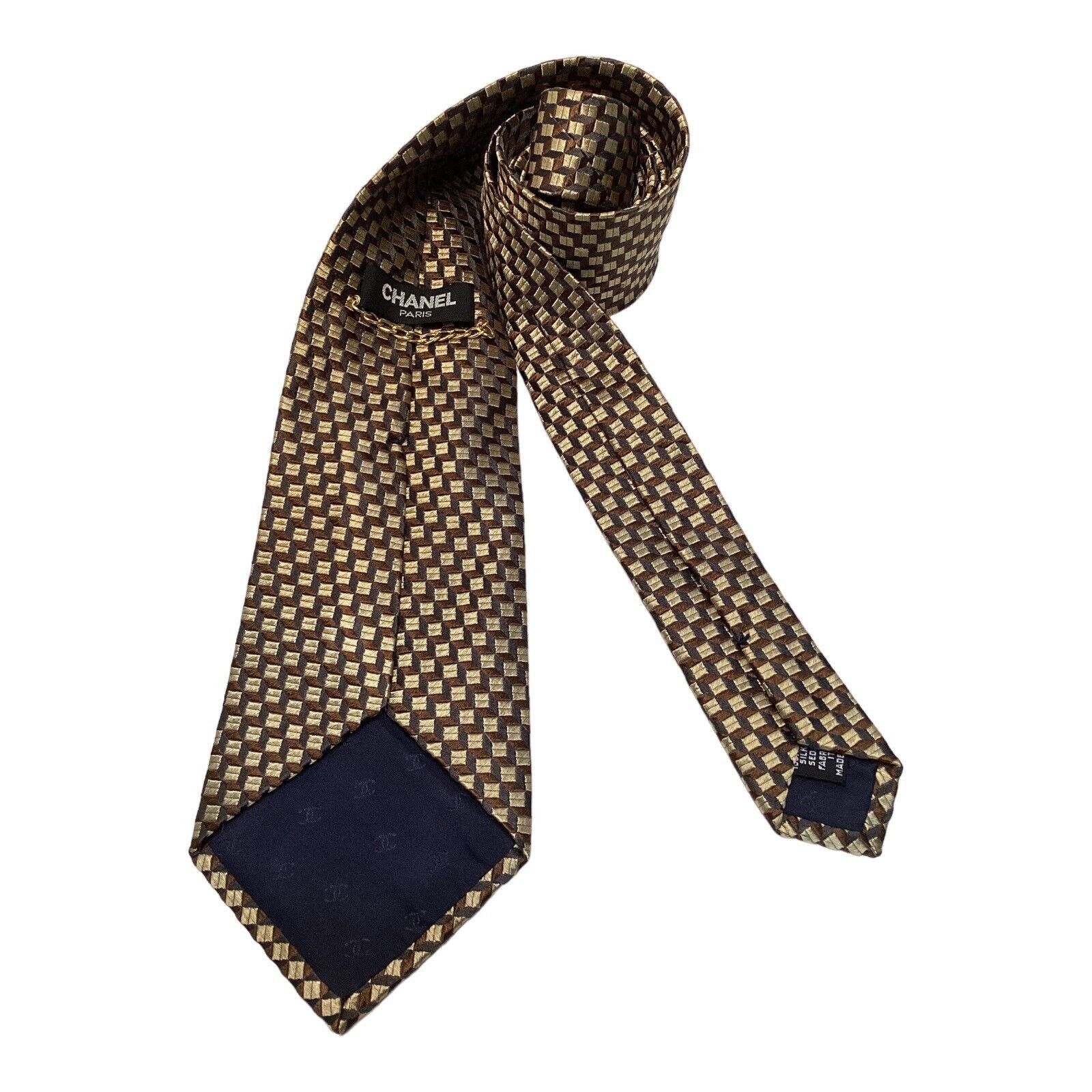 Chanel CHANEL Paris Gold Brown Geometric Luxury Designer Silk Tie I Size ONE SIZE - 2 Thumbnail