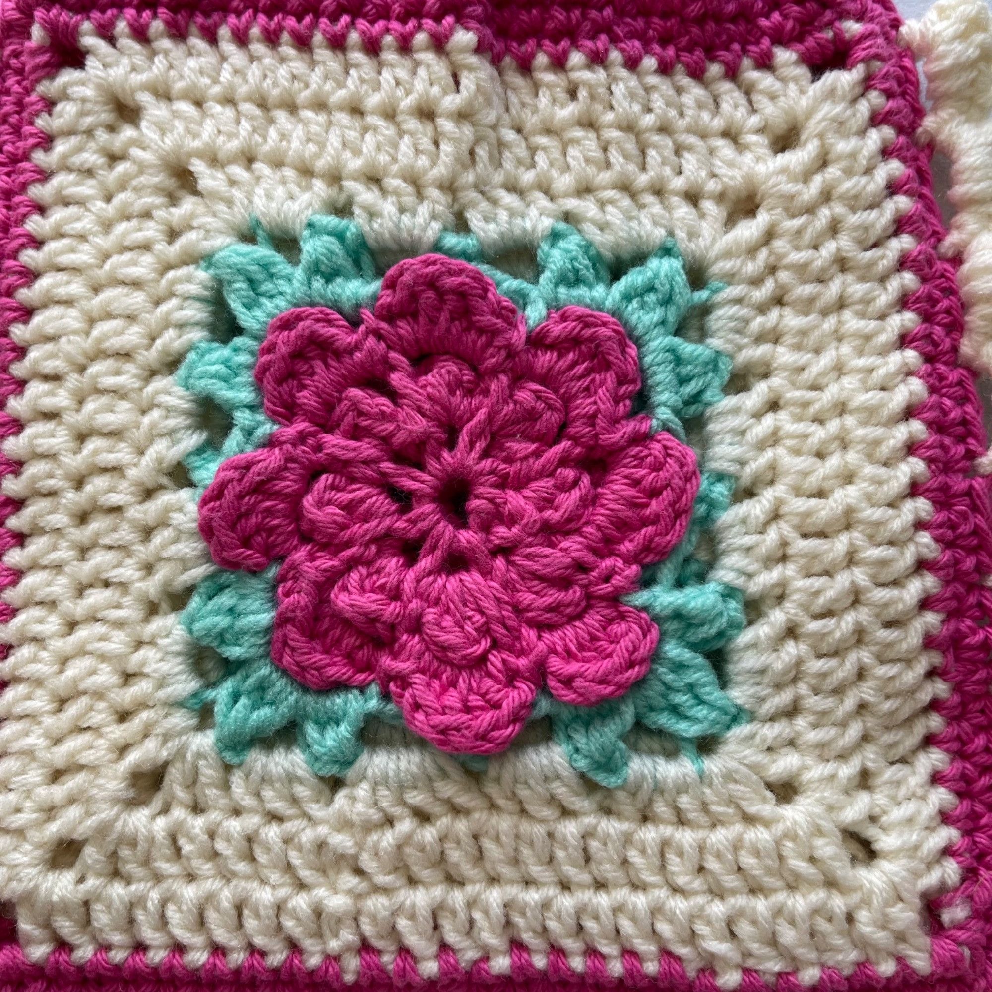 Handmade Crochet Purse Granny Square 3D Flower Pink Mint Cream 9" Dra Size ONE SIZE - 7 Thumbnail