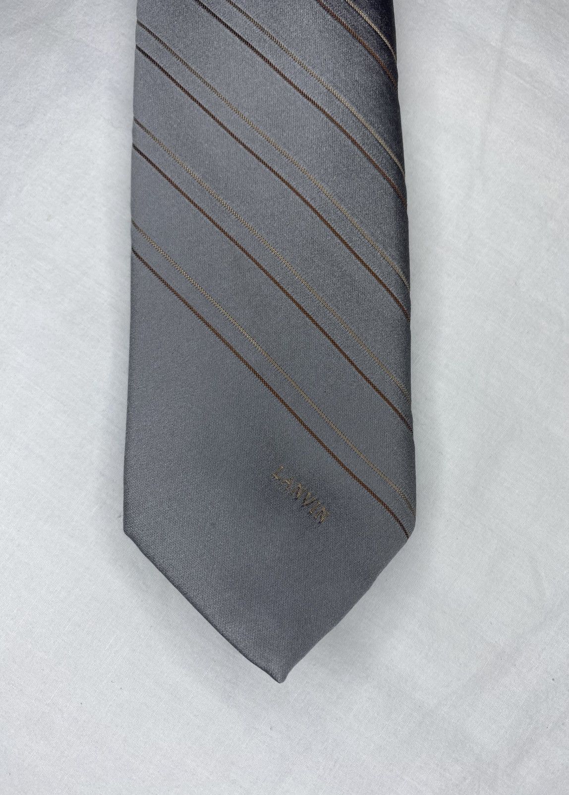 Lanvin Lanvin Paris Silk Necktie Silver Diagonal Striped Designer Size ONE SIZE - 5 Thumbnail